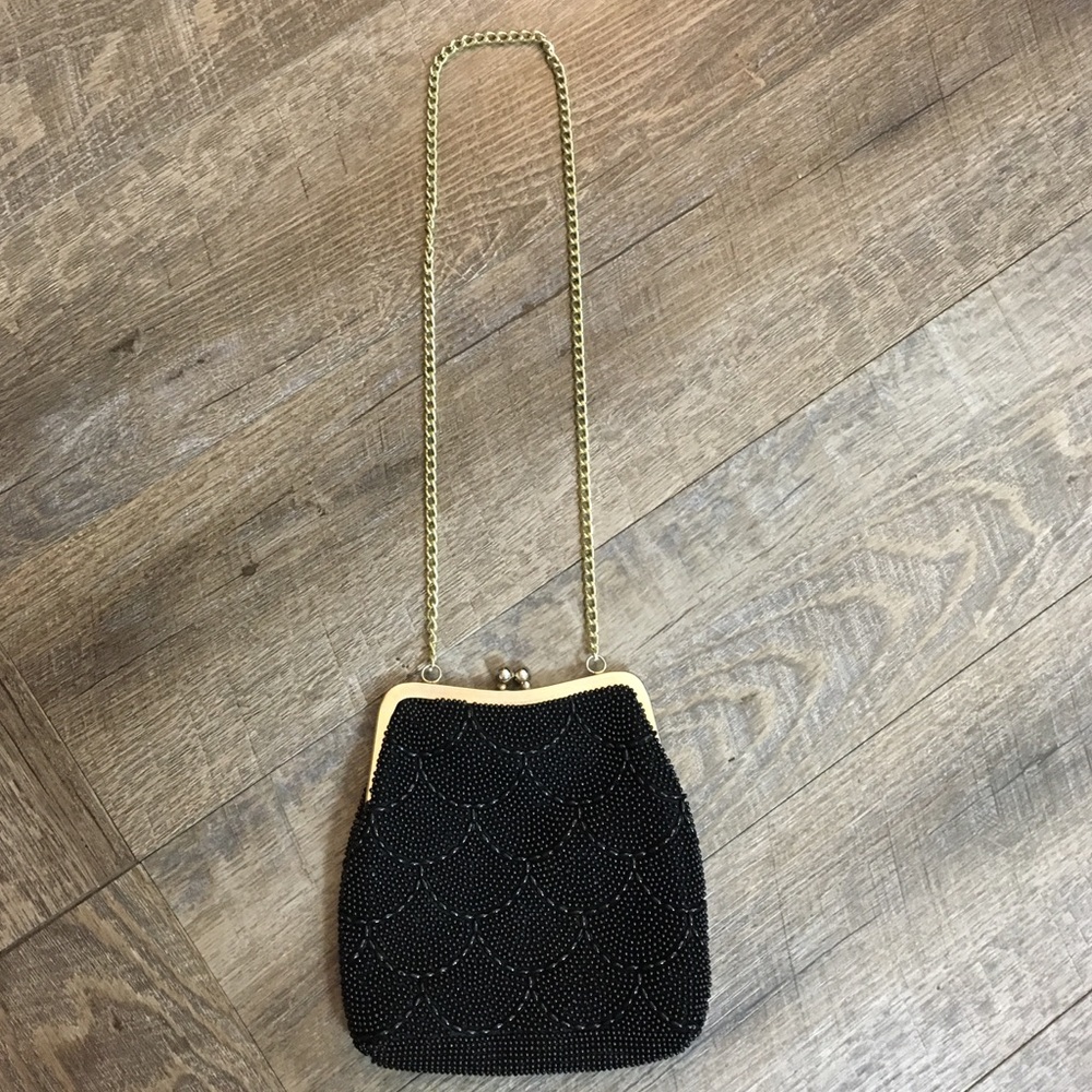 Vintage Black Beaded Purse With Gold Chain Strap